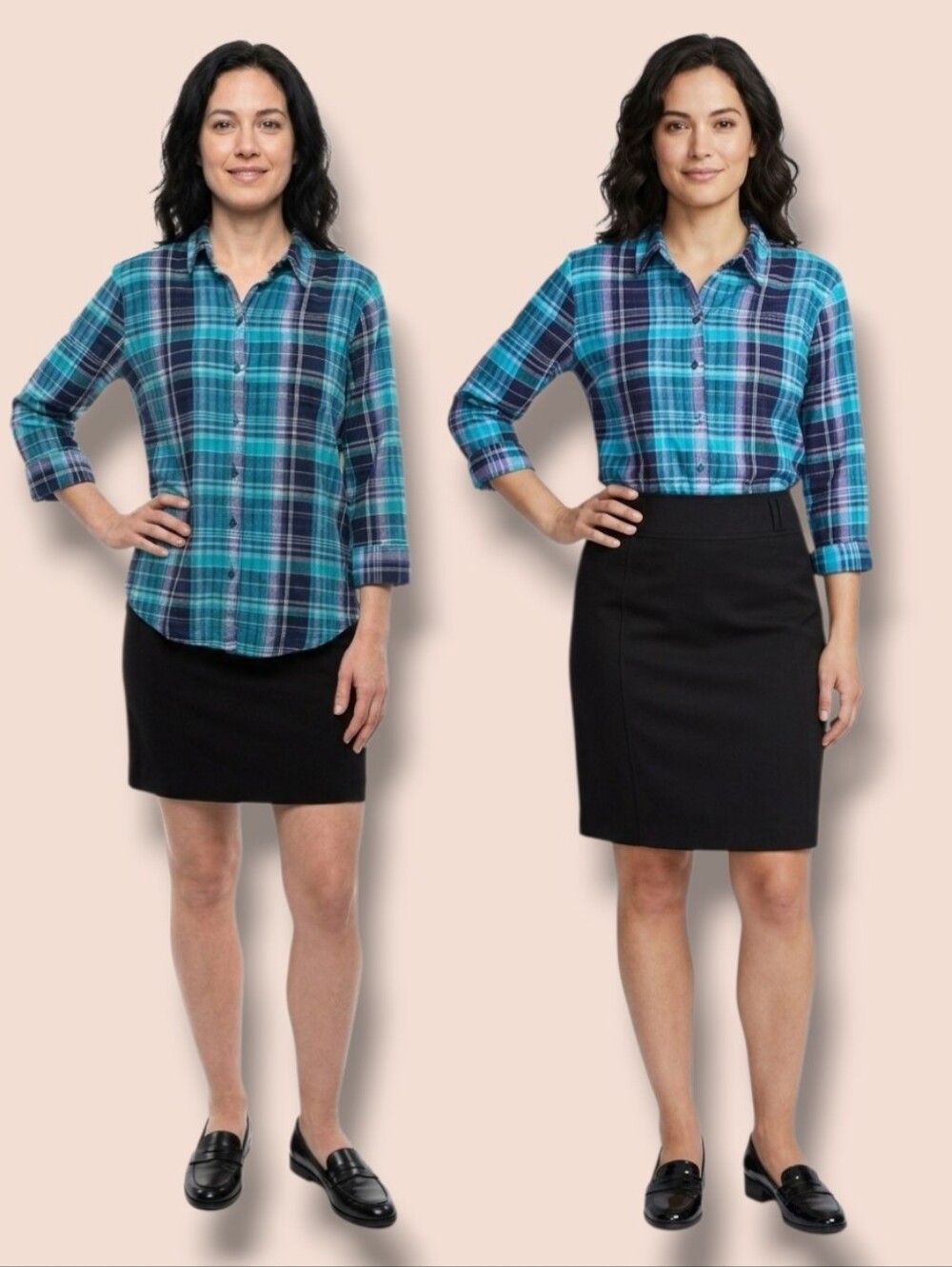 Carroll Reed Petite Women's Teal & Navy Plaid Button-Down Shirt